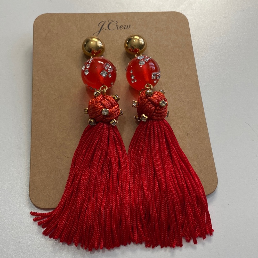 J Crew red tassel fringe statement earrings